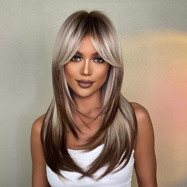 Shair Ombre Grey Gold Wig - 11 Inch Short Straight with Layered Bangs, Synthetic Hair