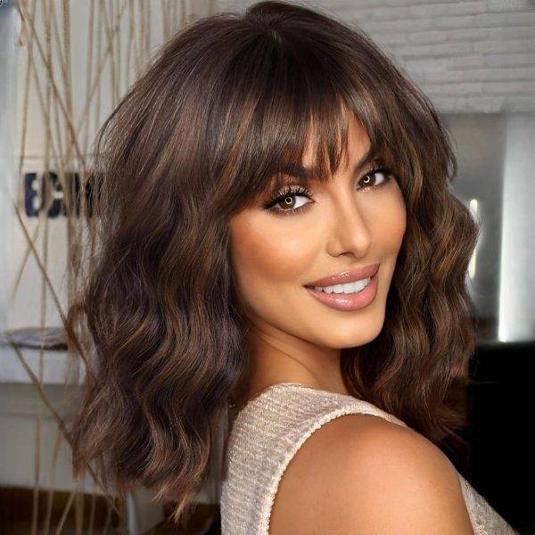 Shair Dark Brown Highlight Short Wavy Wig with Bangs - 14 Inch Shoulder Length Synthetic Hair