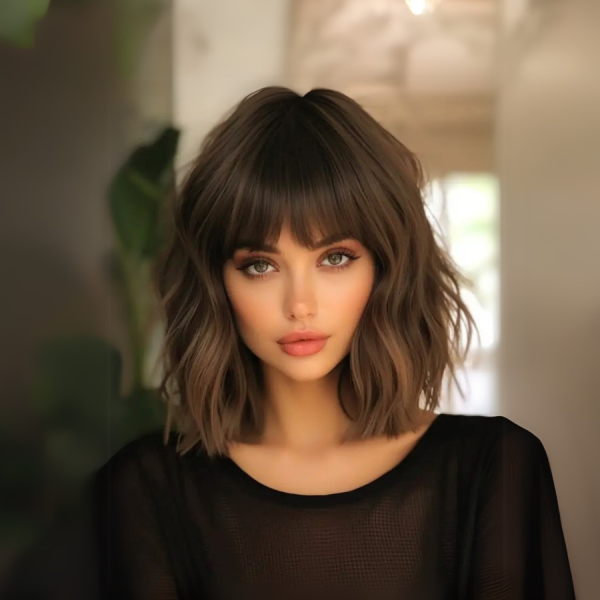 Shair Dark Brown Short Wavy Wig with Straight Bangs - 14 Inch Heat-Resistant Synthetic Hair