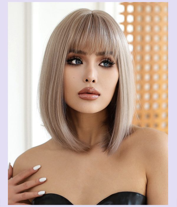 Shair Chic Champagne Brown Synthetic Wig - 14 Inch Short Sleek Straight Hair with Flat Bangs - Image 3