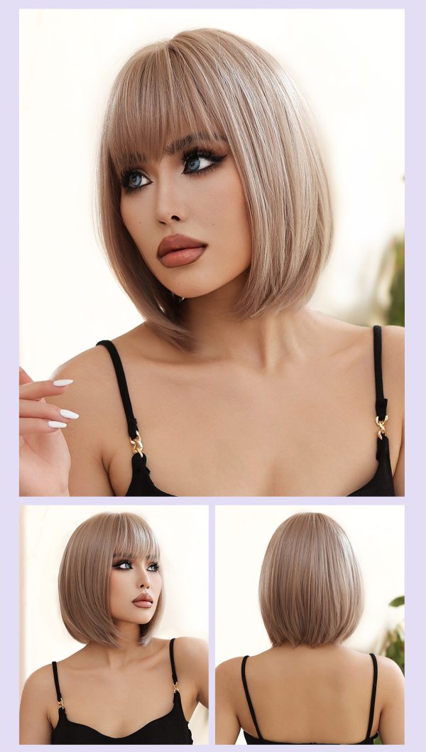 Shair Chic Champagne Brown Synthetic Wig - 14 Inch Short Sleek Straight Hair with Flat Bangs - Image 4